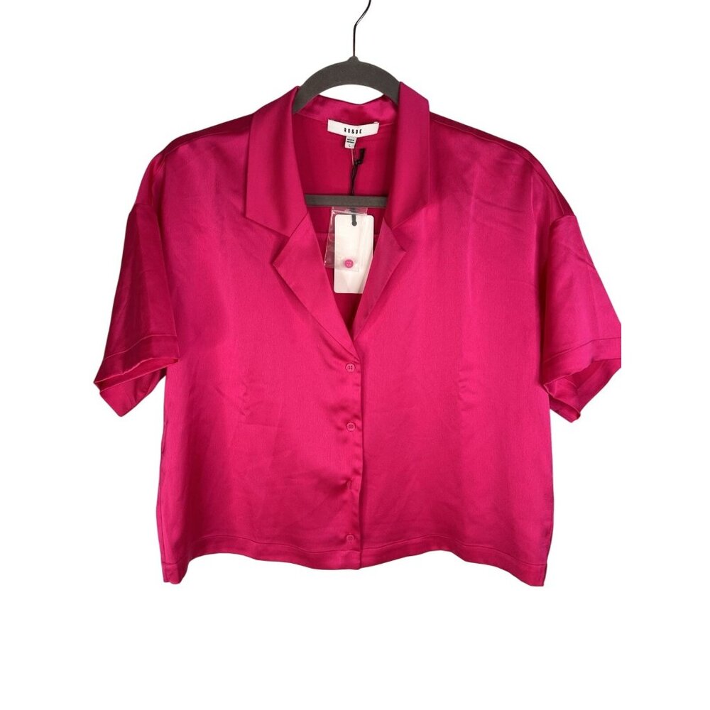 RO+DE Women's Hot Pink Satin Short Sleeve Button Down Blouse NWT Large